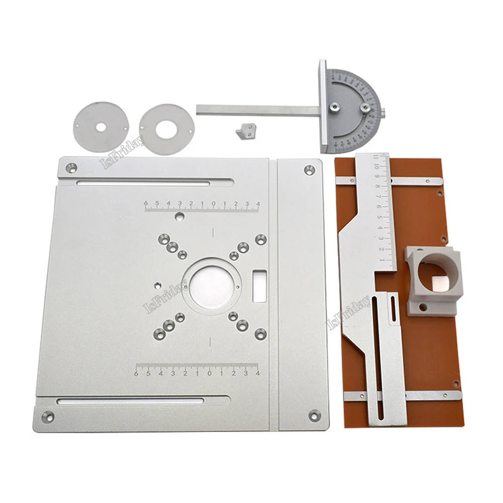 Placa de inserción de mesa de enrutador de aluminio, tablero abatible de fresado de madera eléctrico con juego de guía de calibre de inglete, sierra