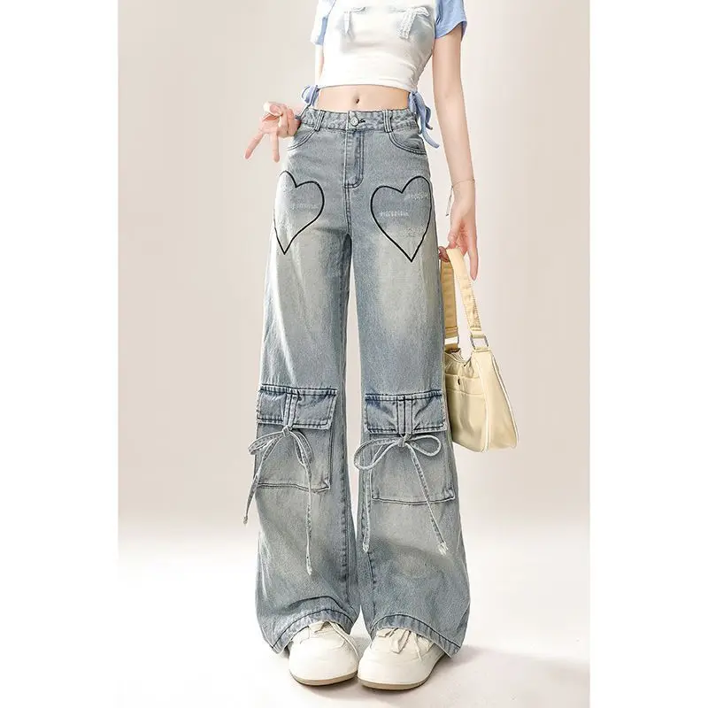 fat MM American love strap straight tooling jeans women's new multi-pocket design wide-leg trousers