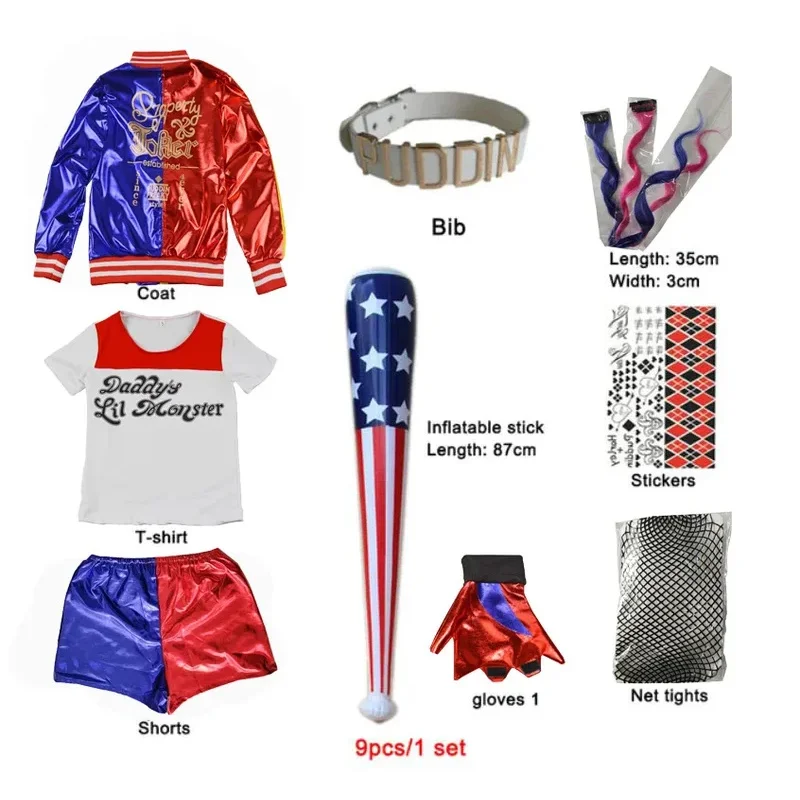 Halloween Kids Adult Cosplay Costume Quinn Squad Harley Monster T-Shirt Pants Accessories Full Set