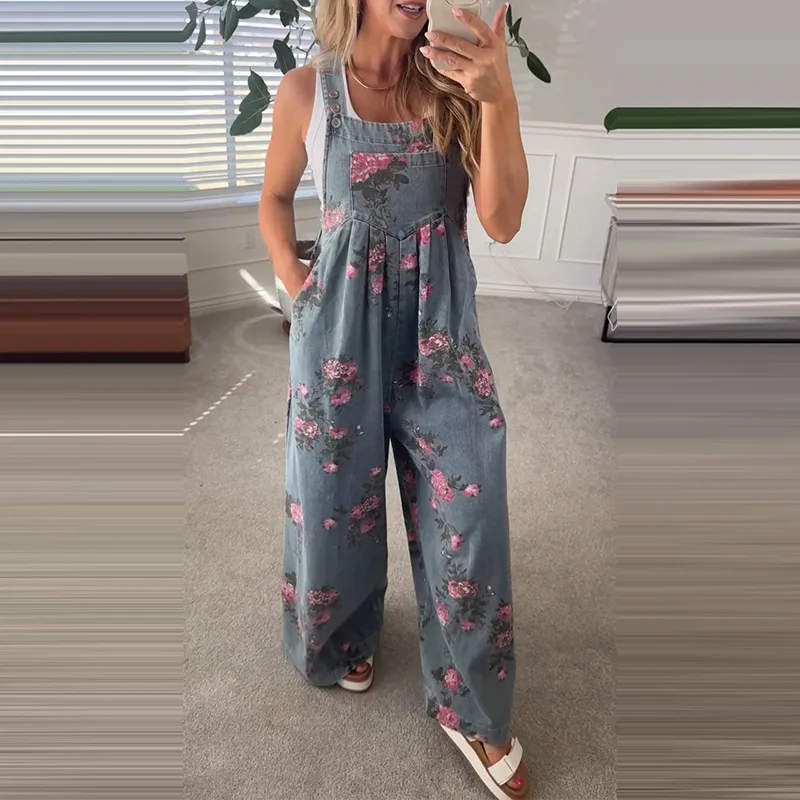 

Amazon Cross-border Summer European and American Foreign Trade New Women Clothing Fashion Printing Wide Leg Strap Jumpsuit Women