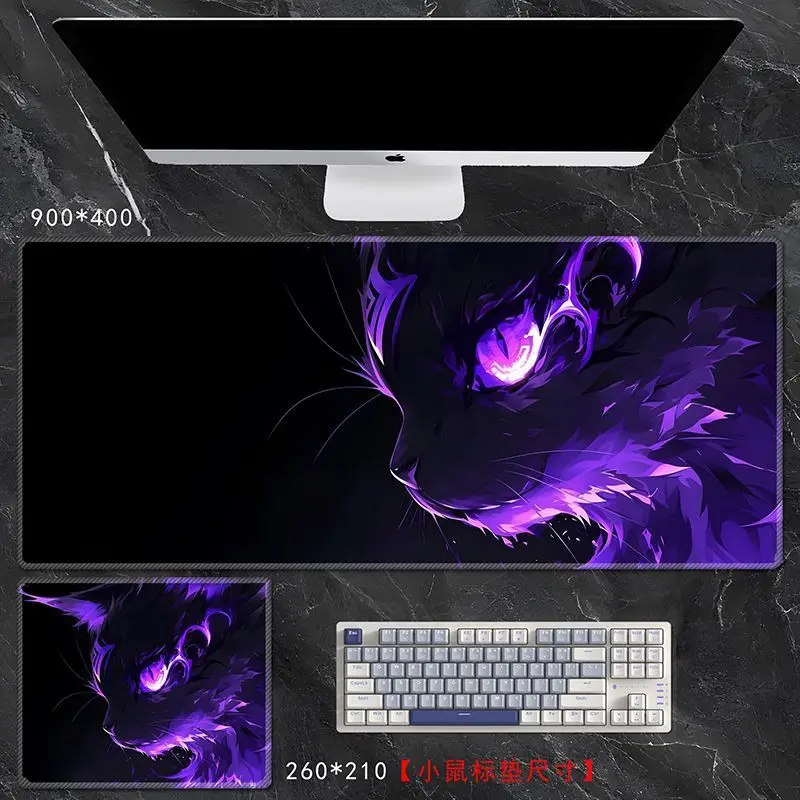 ミニマリスト美的猫大型マウスパッド - XXL 厚いデスクマット オフィス用、ブラックキャットキーボードカバー ラップトップ用 (滑り止め)