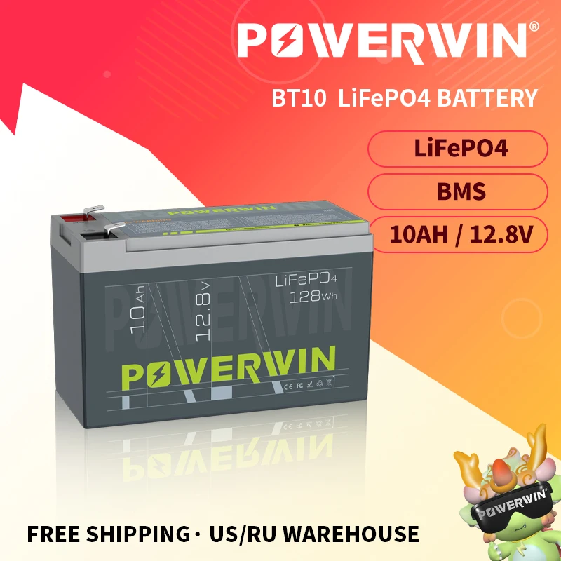 POWERWIN BT10 128Wh LiFePO4 Battery 12.8V 10Ah Built-in BMS 4000+ Deep Cycle Rechargeable Energy Electric Toy UPS Off-grid Solar