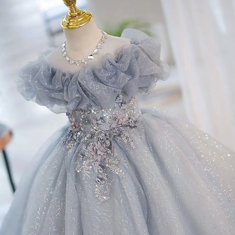 Little Girls Princess Party Gown Kids Birthday Puffy Lush Dress Graduation Children Tutu Rhinestone Dresses Flower Girls Summer