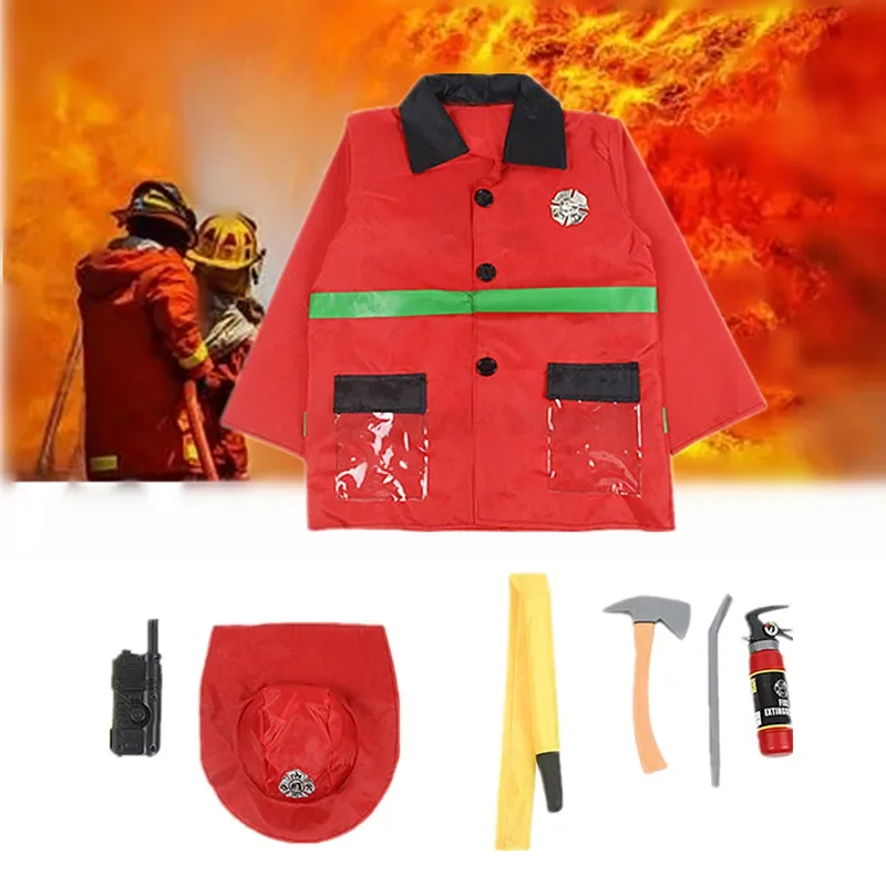 Kids Firefighter Costume Construction Worker Costume Cosplay Dress-up Toy Set with Tools Helmet and Hat Gift