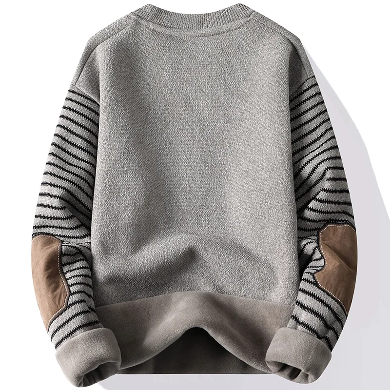 Men's Sweater Patckwork Round Neck Pullovers Fleece Lined Thick Warm Winter Knitwear Fashion Jumpers Men's Clothes