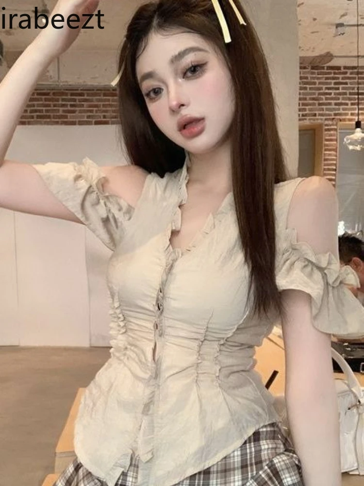 

Women's French Chic Off-Shoulder Blouse with Ruffle Details Fitted Waist Slim V-Neck Short Sleeve Summer Top Women Shirt