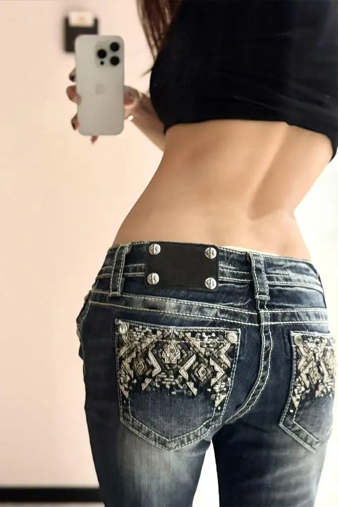 

Plus Size Y2K Low Waist Embroidered Jeans for Women Female 2025 Spring American Style Baggy Streetwear Heavywork Denim Pants