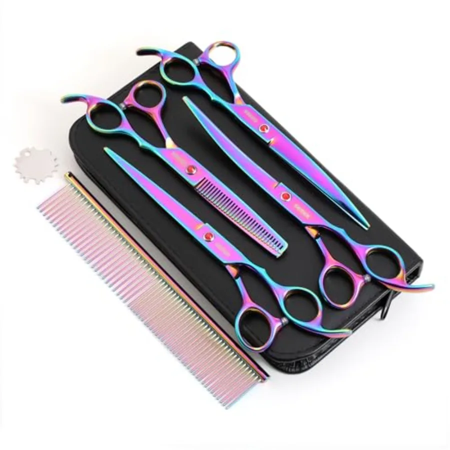 

7.0in Titanium Professional Pet Grooming Scissors Set 6 in 1 Straight and Thinning and Upwards Curved and Downwards Curved Scis