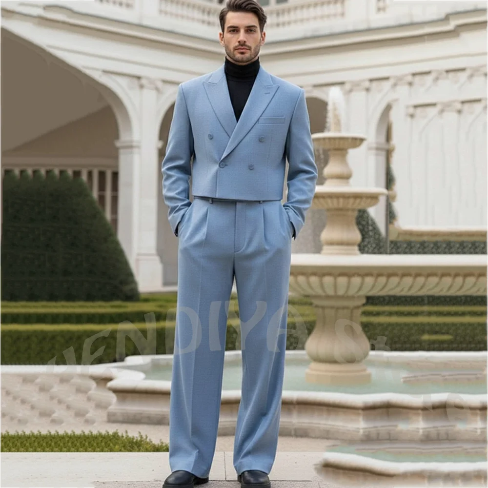 

Elegant Men's Suit Slim Fit Double Breasted Cropped Blazer Peak Lapel Business Office Formal Suit Outfit for Wedding Groom Party