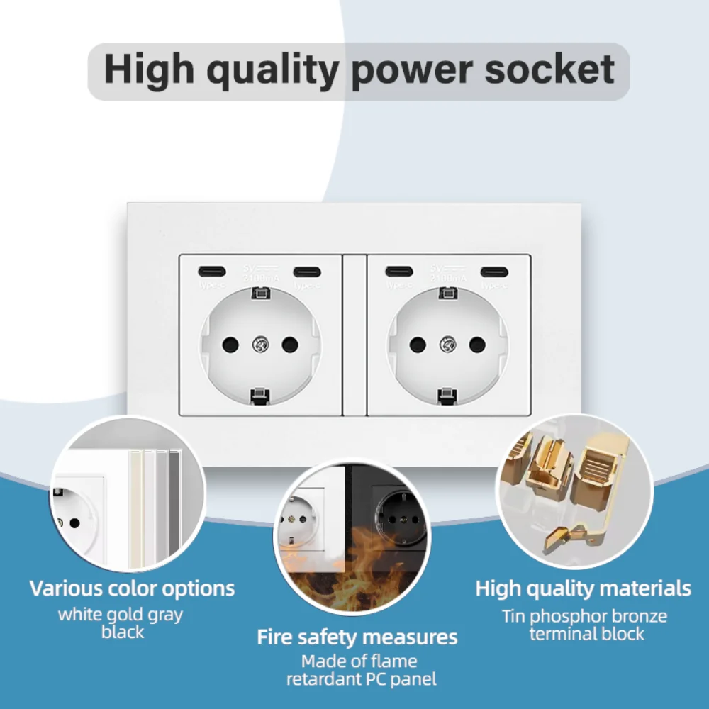 EIOMR EU Standard USB-C Power Double Socket, AC 250V 16A Flush Mount Wall Socket, 5V 2.1A USB-C Port Standard Electrical Outlet view 3