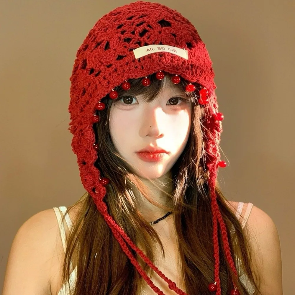 

Ins Handmade Crochet Tassels Cap Pearls Y2k Knitted Beanies Caps Sweet Hollow Weave Basin Hats Girls