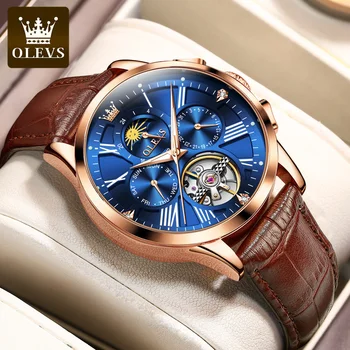 OLEVS new men's watches top brand luxury fashion leather waterproof calendar mechanical watch wristwatches for men