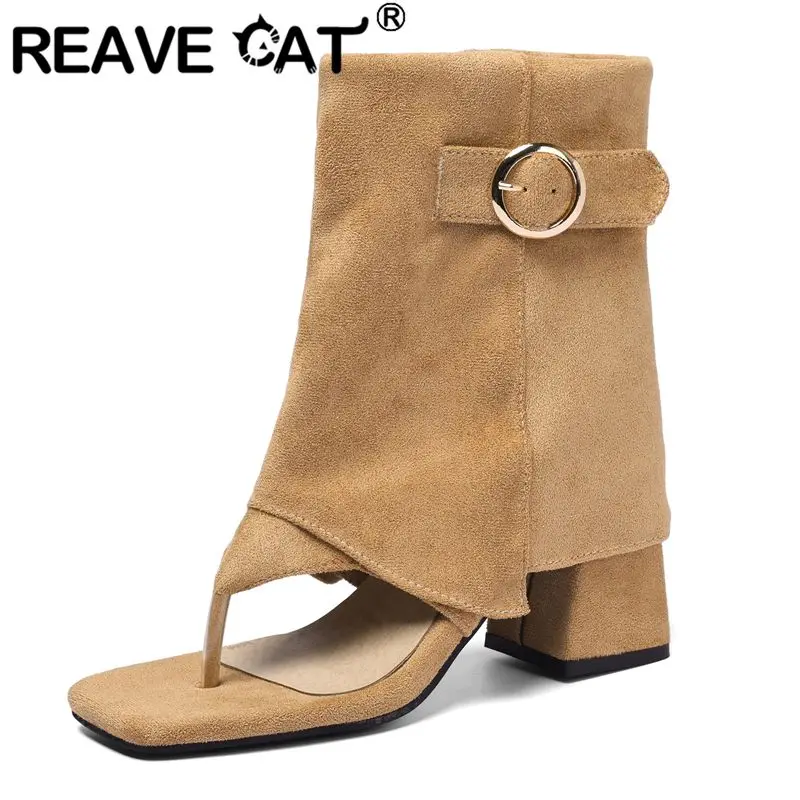 

REAVE CAT 2025 Новый дизайн Женские сандалии с застежкой на носок из флока Замшевые блочные каблуки 8 см Застежка-молния Ремень Пряжка Большой размер 46 47 48 Модная обувь