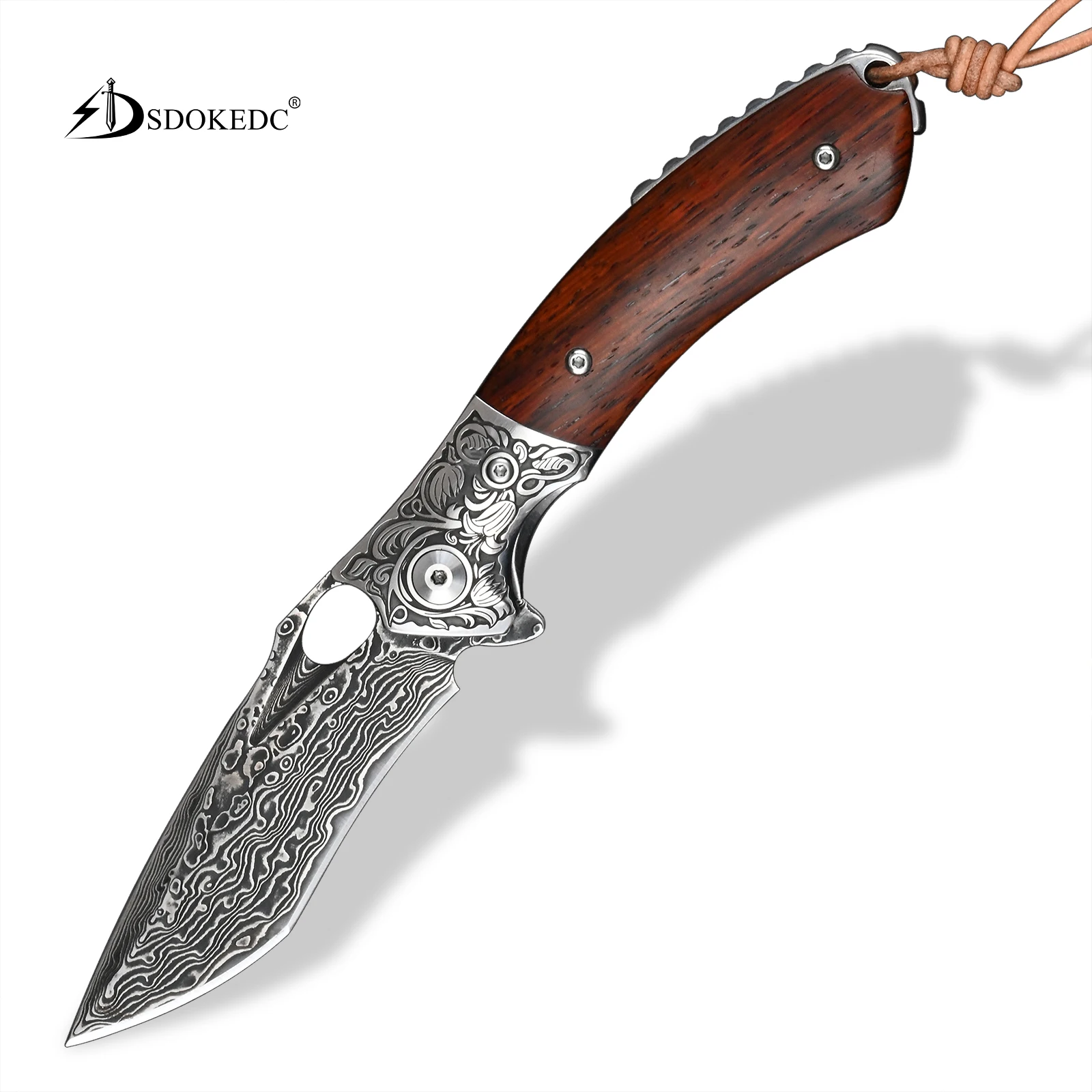 SDOKEDC VG10 Damascus Camping Pocket Knives Outdoor Utility Folding Blade Tool Rosewood Handle Gift