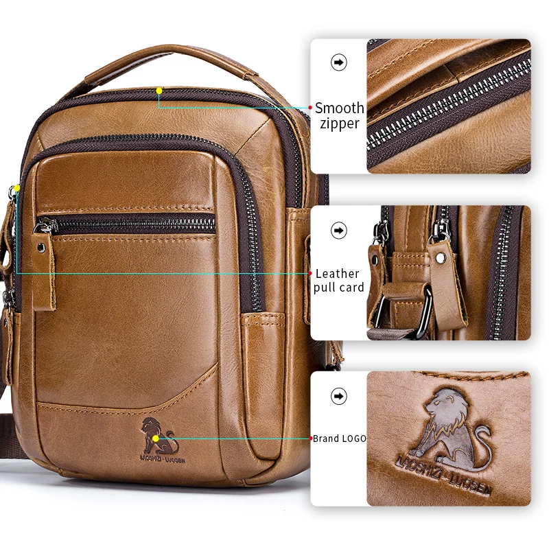 Men's Top Grain Leather Crossbody Bag Multi-functional Front Pockets Vintage Casual Trendy Handbag for Men Сумка Мужская Деловая