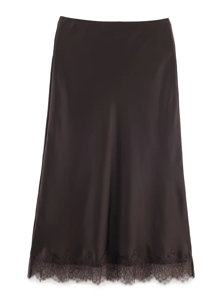 2025年秋新作 レディース おしゃれなレーストリム シルクサテン ミディスカート ハイウエスト カジュアル サイドスリット Hラインスカート