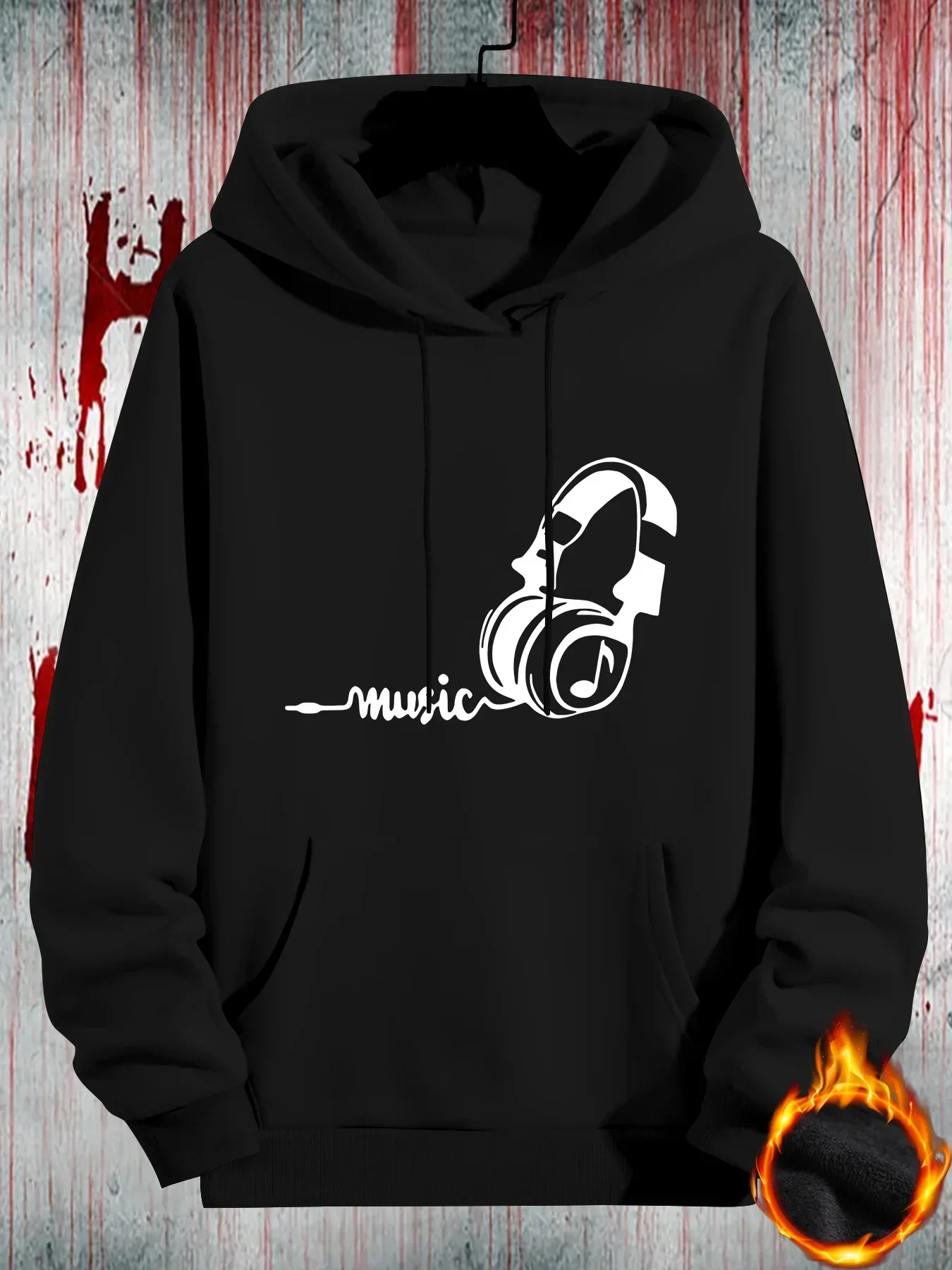 Headphone Print Element Hoodie, Cool Hoodie, Lady Casual Pattern Design Pullover Sweatshirt WithKangaroo Pocket, Street Fashion