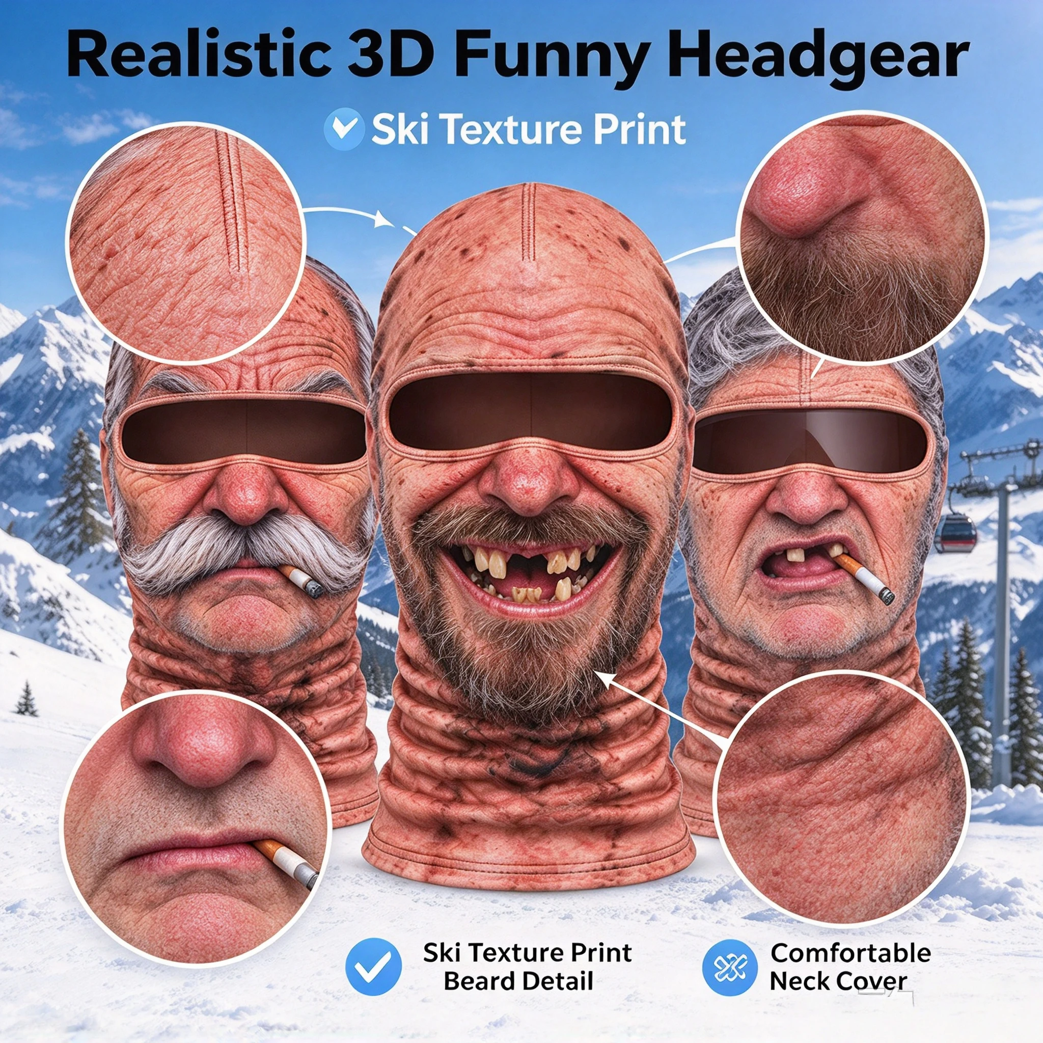 3D Funny Face Balaclava Ski Mask Velvet Full Face Neck Cover Motorcycle Cycling Riding Headgear Halloween Cosplay Party Prank