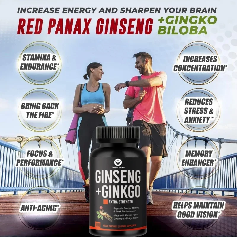 Panax-Ginseng et Ginkgo Biloba Complexe Capsules, avec Extrait de Ginseng Rouge Coréen, Boost du Cerveau et Support de Mémoire, Vegan, 120 Capsules