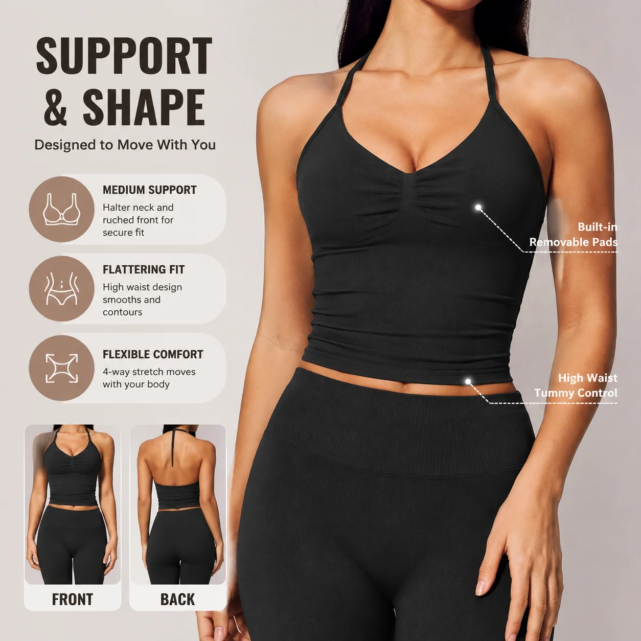 Women 2PCS Halter Neck Ruched Crop Tank & High Waist Ribbed Leggings Set Scrunch Soft Stretchy Quick Dry Yoga Activewear Matchin