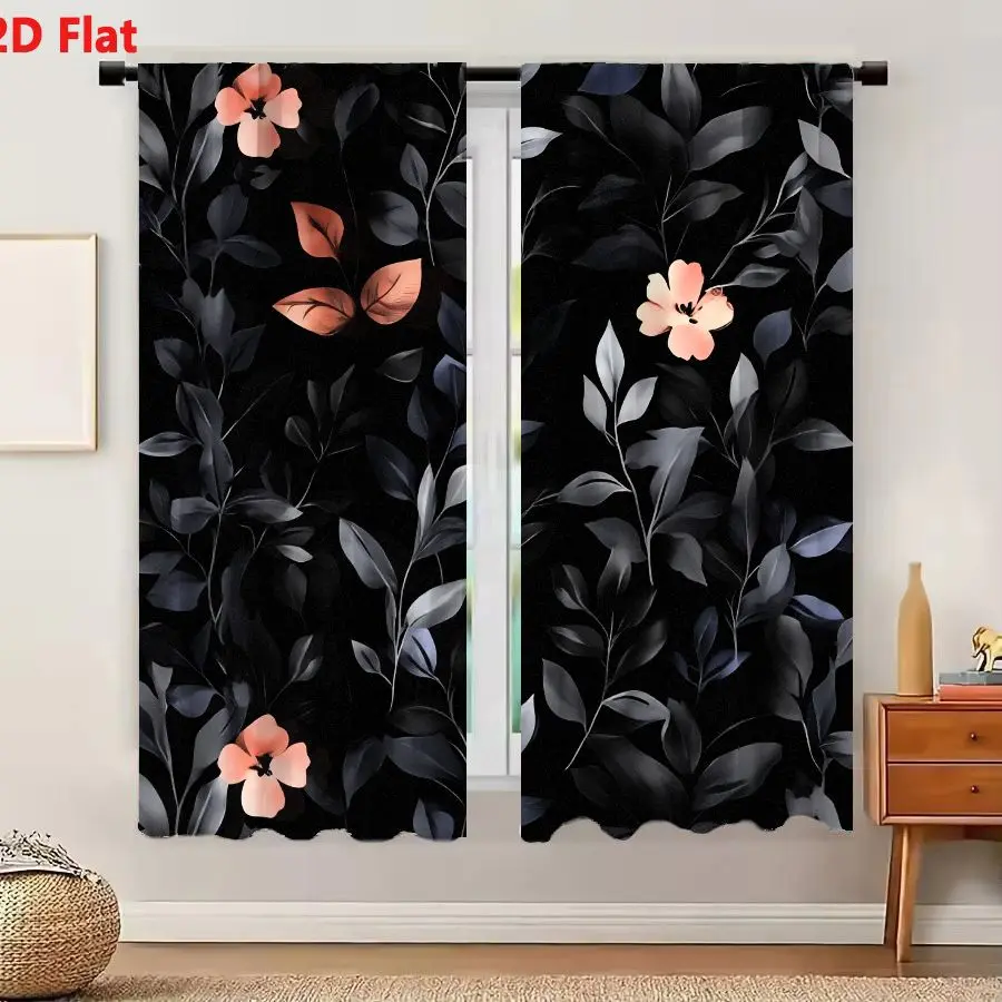2Pcs Curtains 2D Flat Seamless Floral Pattern With Dark Gray Stems And Soft Pink Flowers On Black Background Window Drapes for B