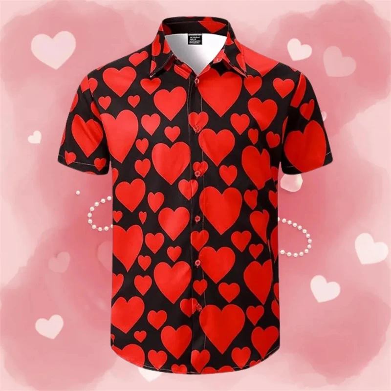 Couples Heart Print Red Hawaiian Shirt Men Women Loose Short Sleeve Button Up Shirts Love Vacation Summer Breathable Blouse 2026