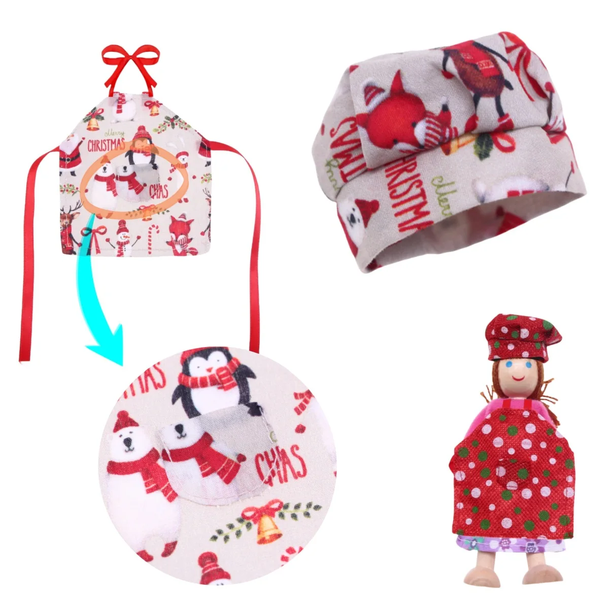 مجموعة إكسسوارات دمية عيد الميلاد دمية قزم ، زي خباز مصغر ، مريلة ، قبعات طاه ، دبوس لف ، مخفقة بيض ، صينية بسكويت ، لعبة أطفال