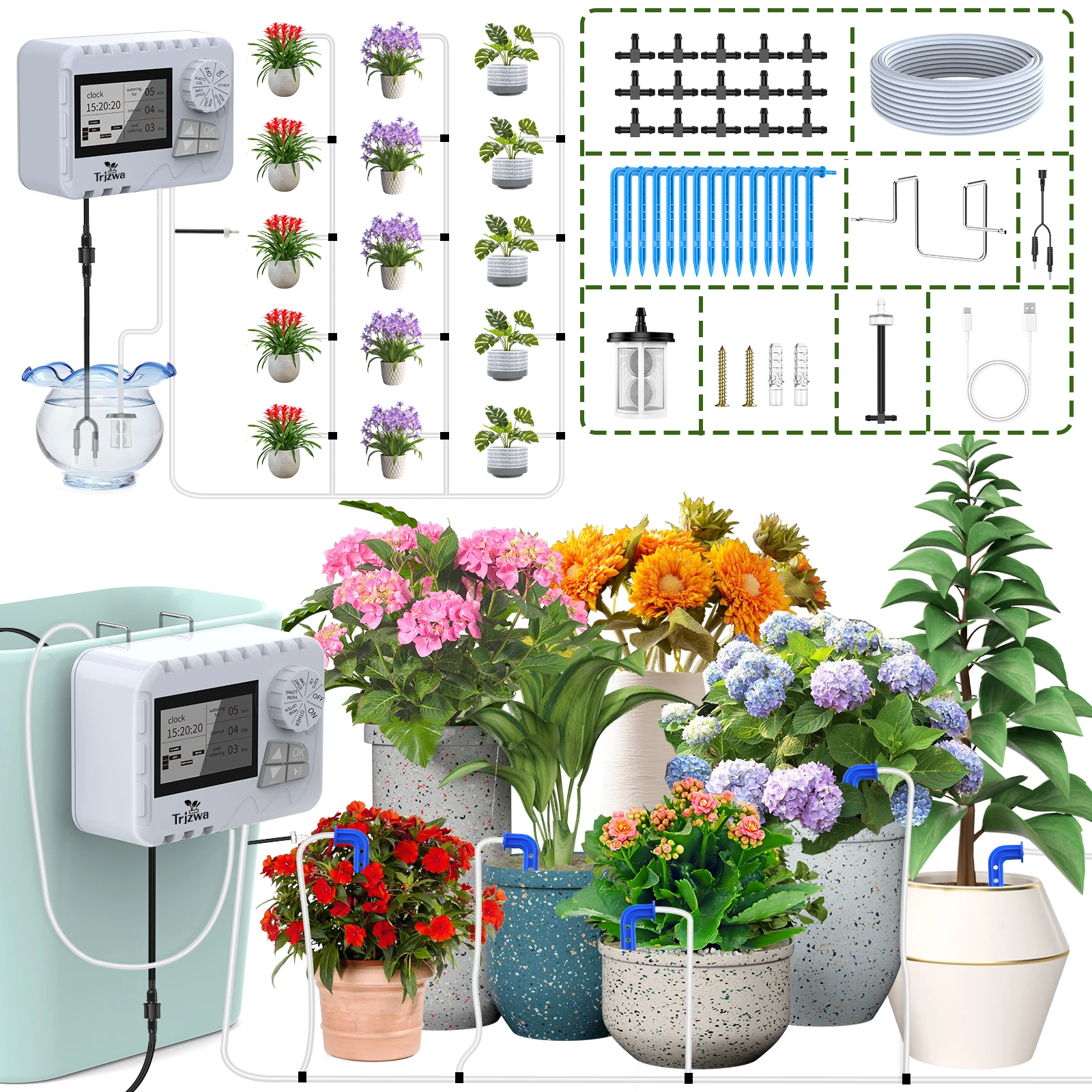 Garten-Balkon-Tropfbewässerungssystem USB-Aufladbar, Automatisches Bewässerungssystem mit eingebautem 2000mAh-Akku, 15 Tropfspitzen, 15M Wasserschlauch, geeignet für Pflanzen, Gemüse, Topfpflanzen