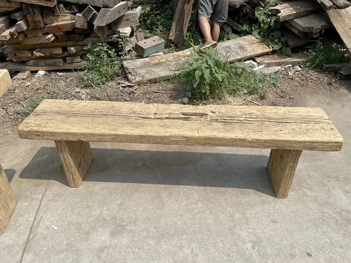 Chinese antique rustic simple natural long outdoor garden bench reclaimed slab wooden park outside seating bench