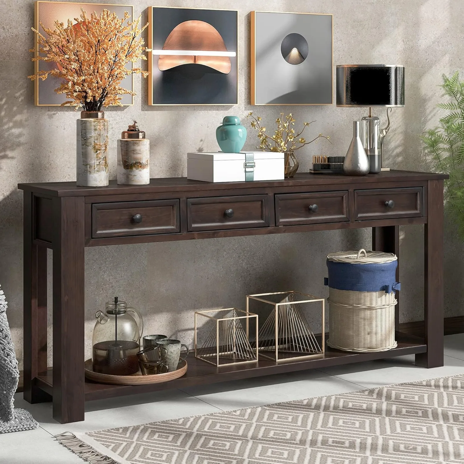 US Console Table for Entryway Hallway Sofa Table with Storage Drawers and Bottom Shelf (Espresso)