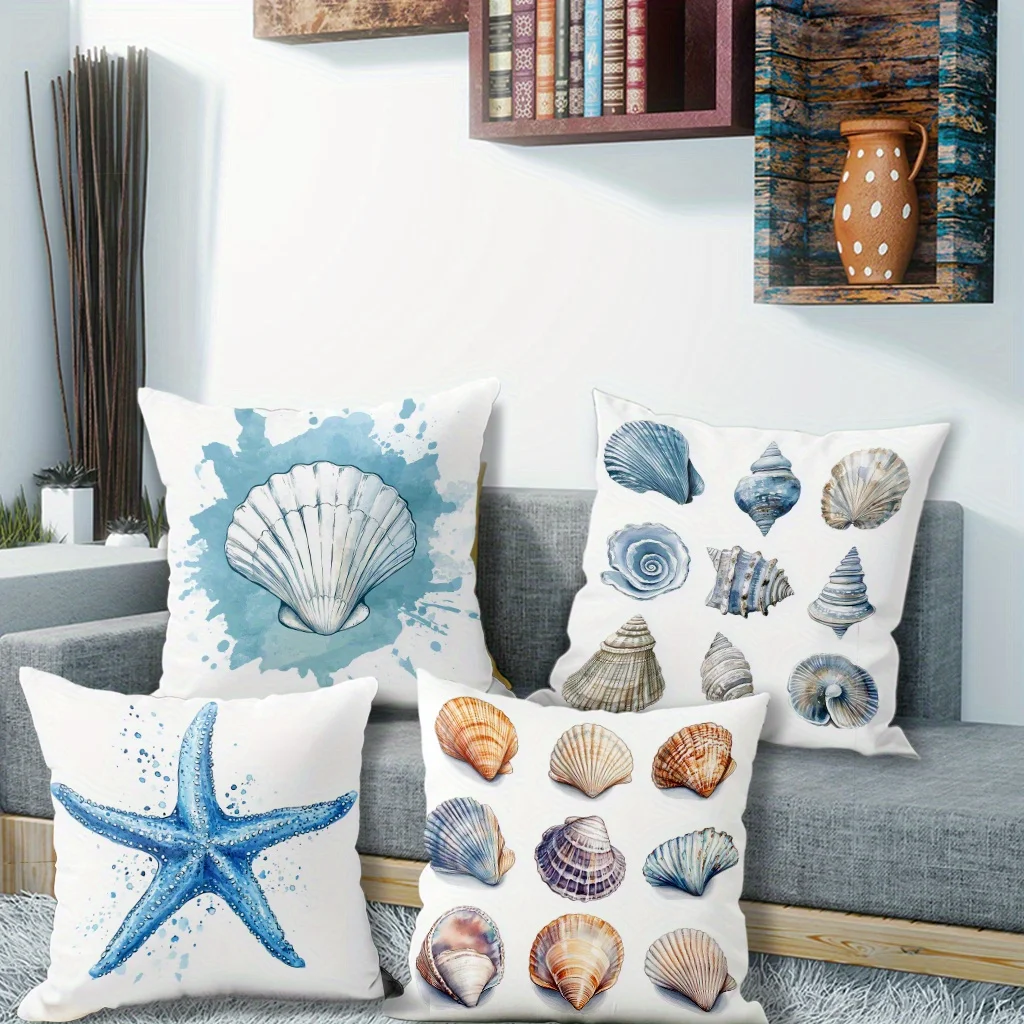 Home Decor Seashell & Starfish Watercolor Pattern Pillow Covers Pattern Cushion Cover Suitable For Sofa Bedroom Car Pillow Cover