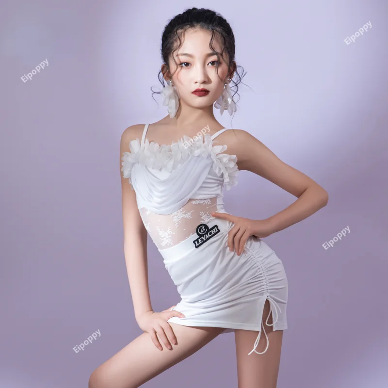 

Spring Summer New White Ballroom Latin Dance Dress Girls Clothes Children Tango Rumba Samba Competition Performance Clothes