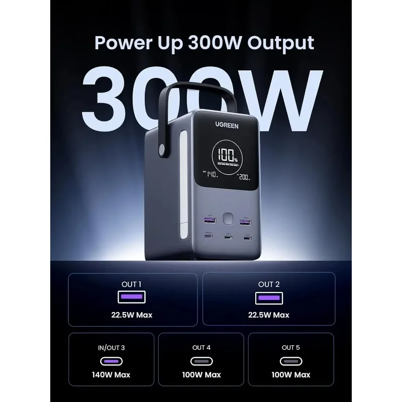 شاحن محمول UGREEN بقدرة 300 وات 48000 مللي أمبير في الساعة مع شاشة رقمية ذكية وإضاءة ووضع SOS، حزمة بطارية مكونة من 5 منافذ بقدرة 153 وات في الساعة