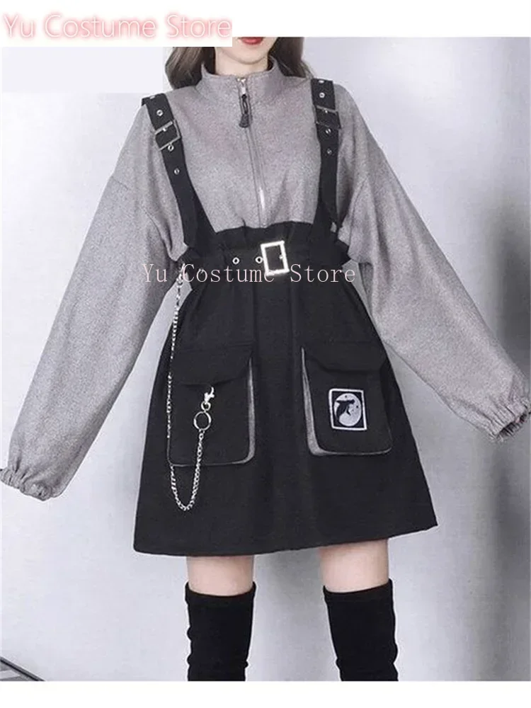 

2025 Woman Dress Gothic Girls Y2K Vintage Clothes Strap Belt Chain Loose Casual Sweatshirt Dresses Sets Lolita Korean Robe Femme