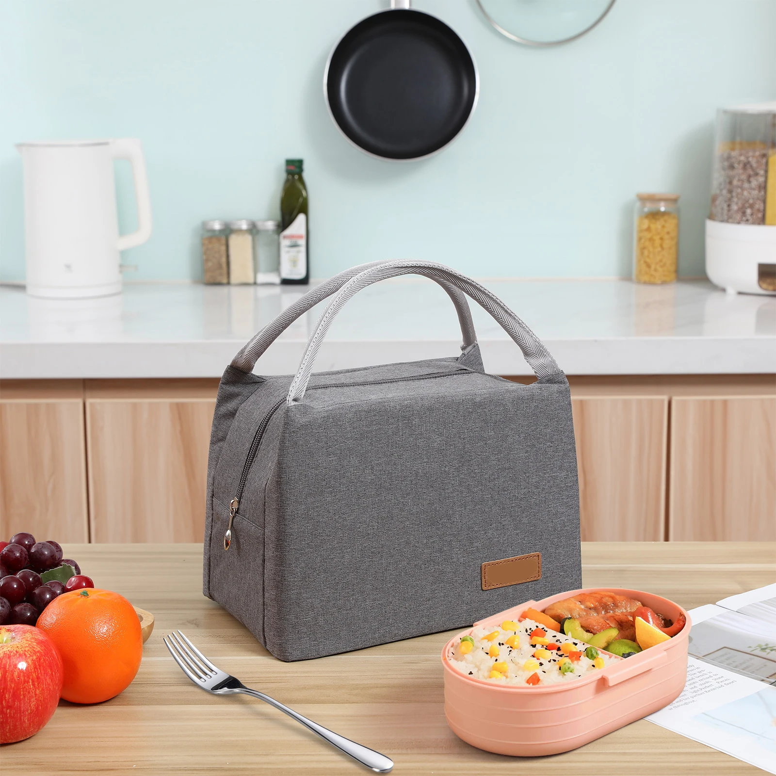 

Gray Insulated Lunch Bag Oxford Cloth Waterproof Wear Resistant Easy Clean Pouch Portable Large Tote Cooler Student