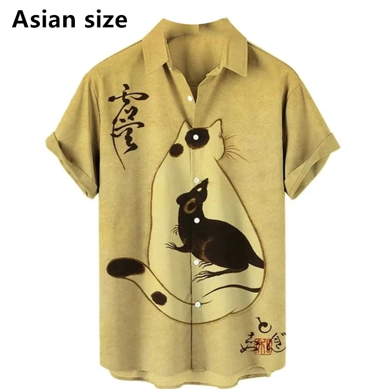 Camicia da uomo con motivo gatto in stile giapponese Cartoon Anime Cat Manica corta Camicie abbottonate Camicia hawaiana da spiaggia per feste Top alla moda