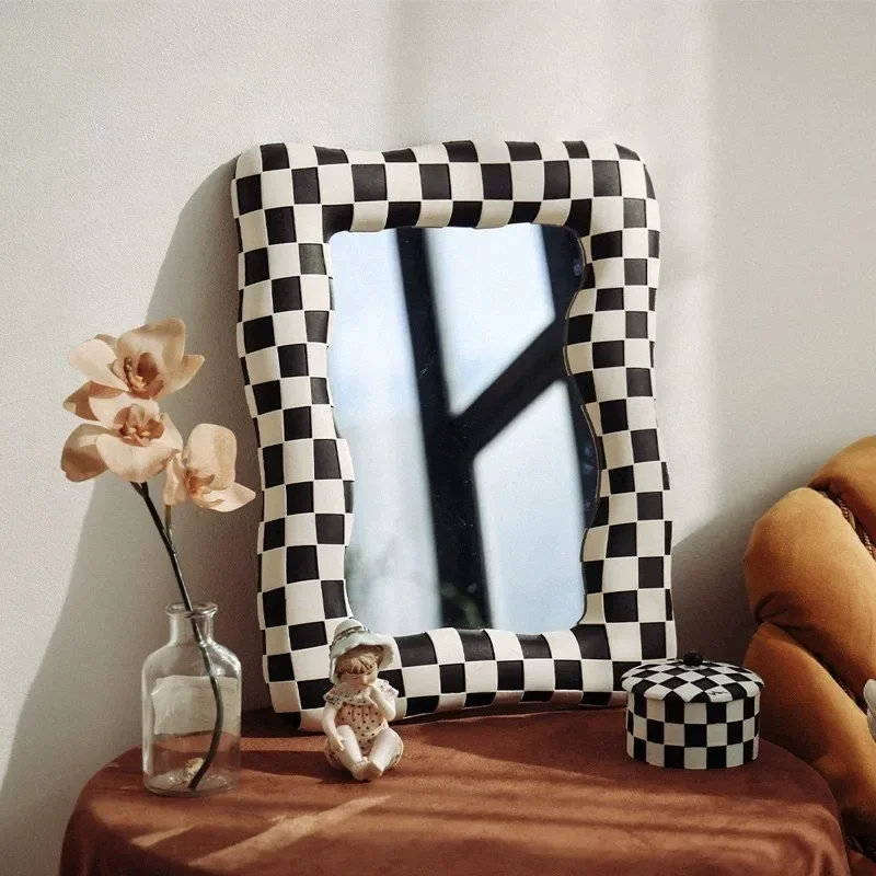 Creative Black White Color Scheme Bathroom Mirror Checkerboard Pattern Glass Irregular Frame Vanity Entry Bedroom Washroom Decor