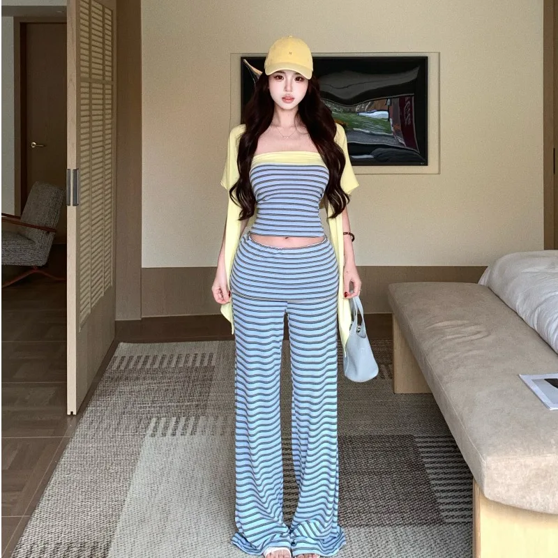 Comfortable Striped Knitted Cardigan Tube Top Long Pants Set Sporty Casual Straight Leg Pants Visual Lengthening Effect Fashi...