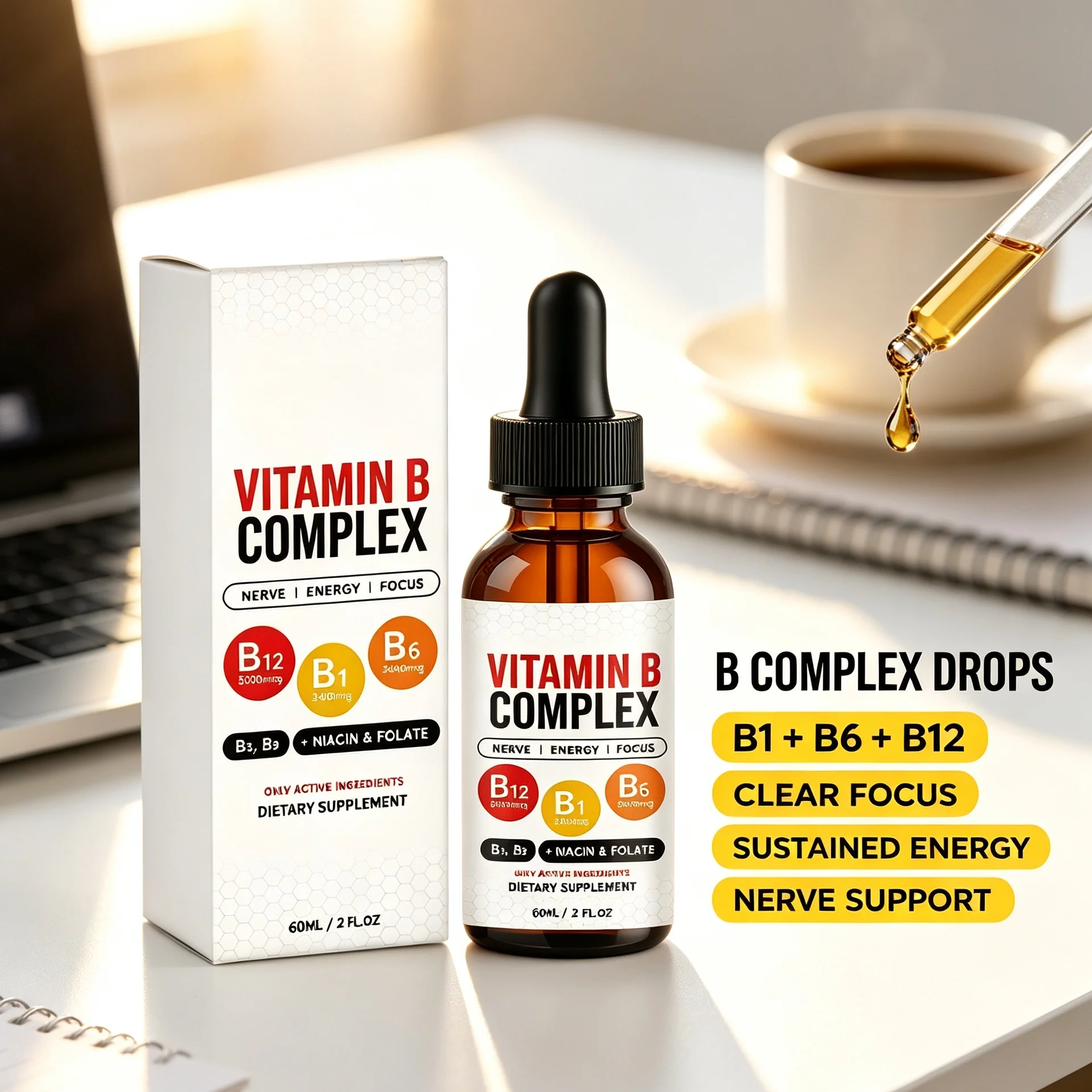 B1 B6 B12 Oral Drops Vitamin B Complex Supplement, Boost Daily Energy & Brain Focus, Support Nerve Health Vegan Easy Take Liquid