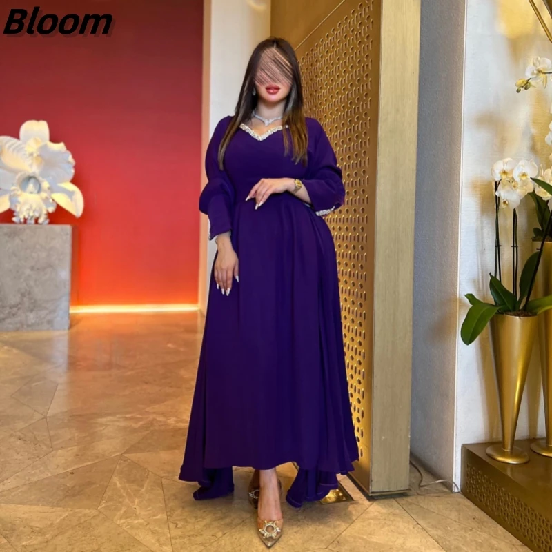 BLOOM Prom Dresses Fashion Purple V Neck Long Sleeves High Quality Satin Formal Occasion Gown robe de soirée femmes 2024