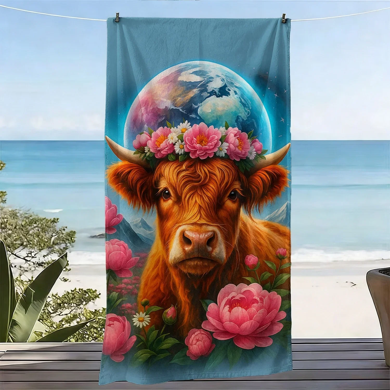 Cute Highland Cow Portrait Beach Towel Tropical Flowers World Globe Summer Beach Mat Gift