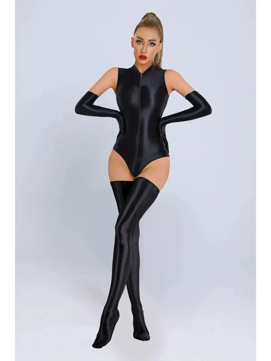 M-XL Glossy Shiny Sleeveless Nylon Catsuit Two Way Zipper Crotch Bodysuit Elastic Tank Body Top Tights Teddies Sukumizu Swimsuit