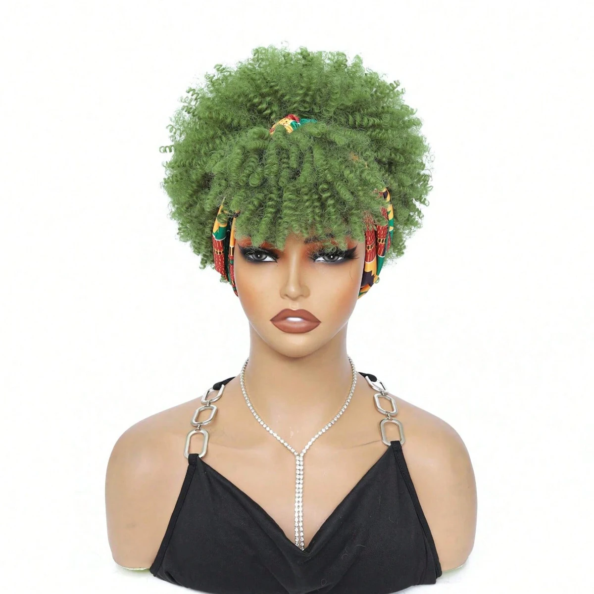 Scarf Hair Extension For Women, 2 In 1 Green Hairpiece With Bangs And Scarf, Synthetic Short Curly Hair Wig, High Puff Hair Bun
