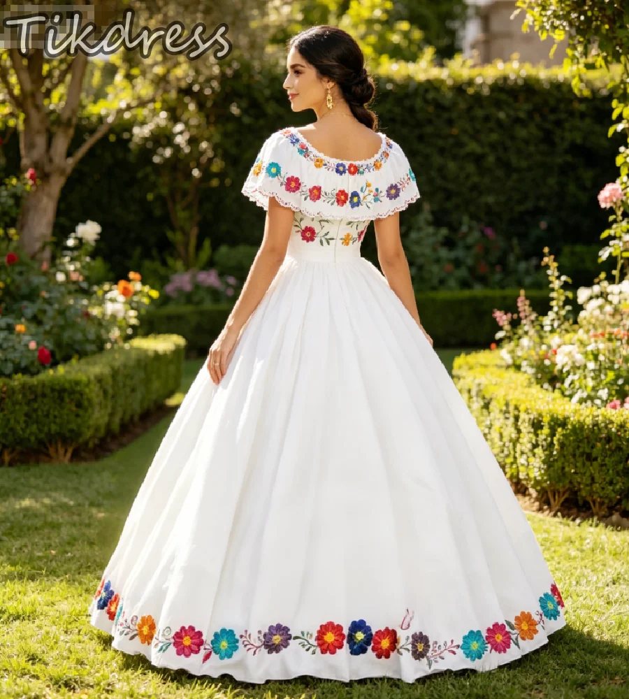 Ethnic Mexican Embroidered Wedding Dress Off Shoulder Cap Sleeve Colorful Floral Garden Country Bridal Gowns Vibrant Multicolor