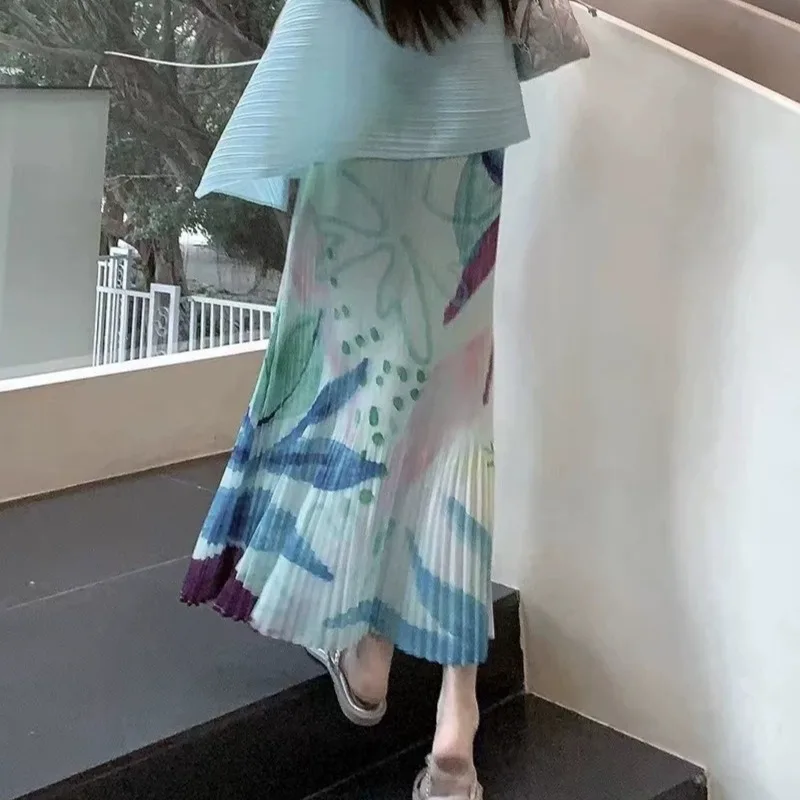 Miyake Pleated Printed Skirt 2026 High-end Jupe Spring Summer New Fashion Age-reducing Printed Fishtail Skirt Women's Clothing