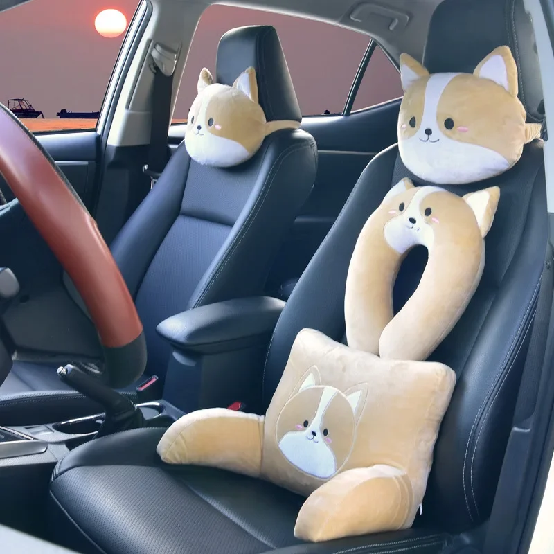 Corgi Shiba Inu Cartoon Car Headrest Neck Pillow Pair U-Shaped Lumbar Support All-Season Vehicle Cushion
