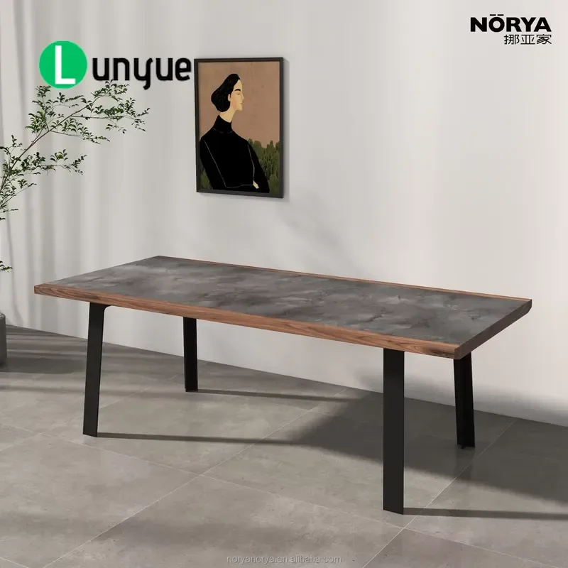 Modern Eco-friendly Durable 6 Seat Solid Wood Dining Table Black Metal Base Wood Frame Inlaid HPL for Home Kitchen Restaurant