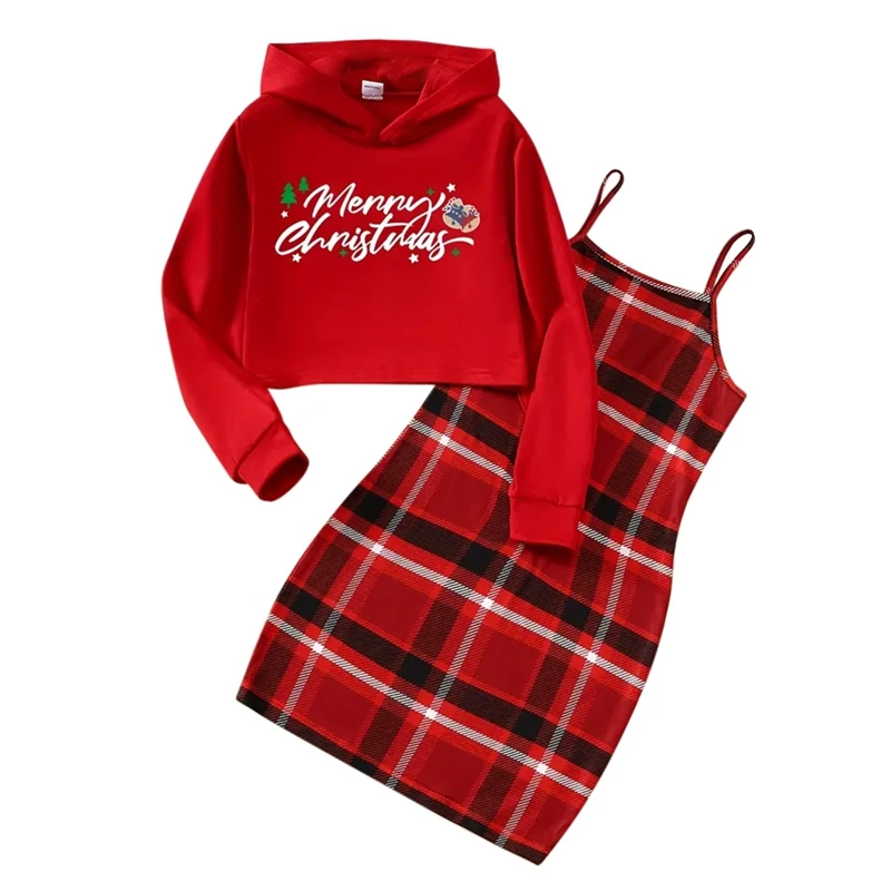 

2Pcs Girls Set Christmas Outfit Hooded Long-Sleeve Top with “Merry Christmas” Print & Plaid Suspender Skirt, Children's Sets