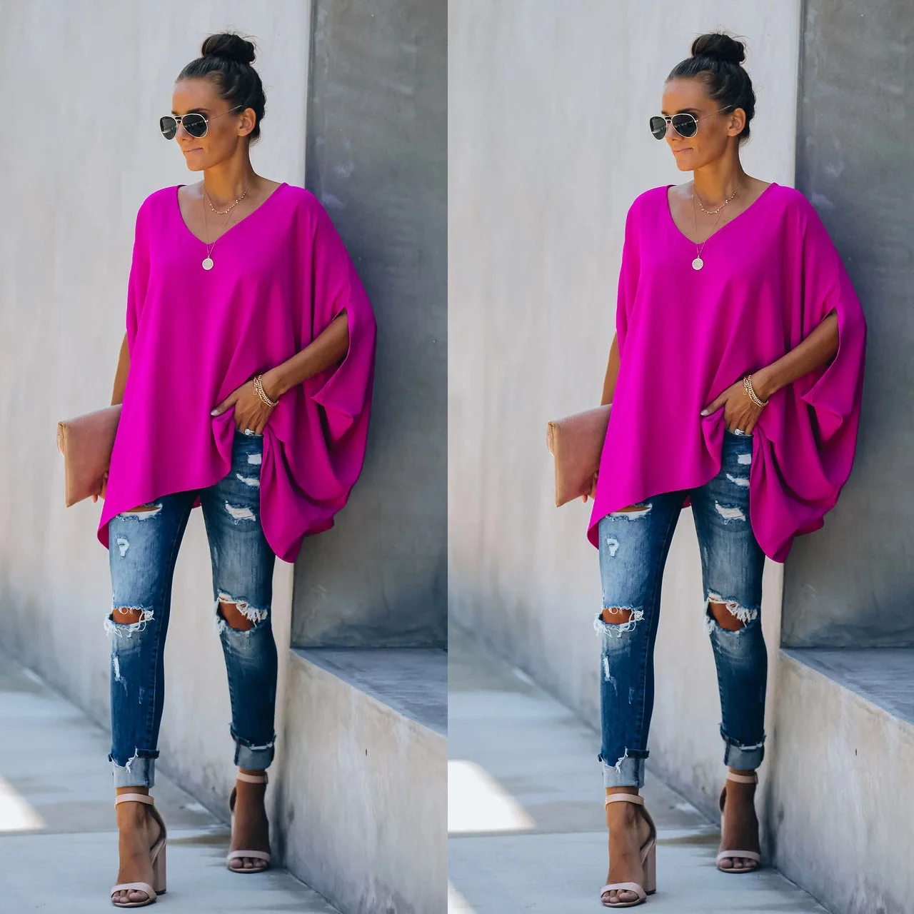 2021 New Home T-shirt con maniche a pipistrello INS Top multicolore con scollo a V stile vacanza allentato