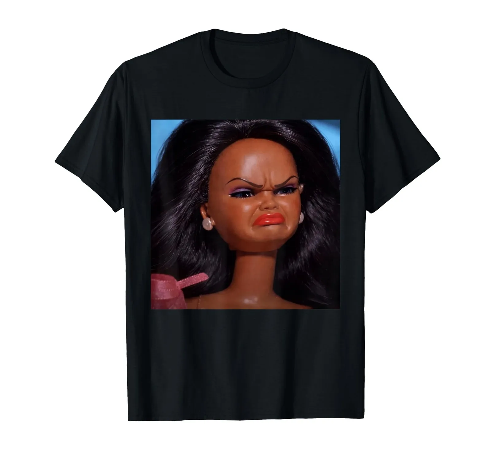 

Funny Meme Reaction Black Doll Face T-Shirt Casual Graphic Tee